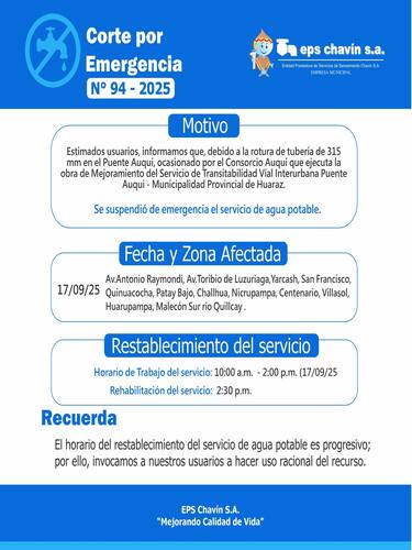 Corte programado en Huaraz