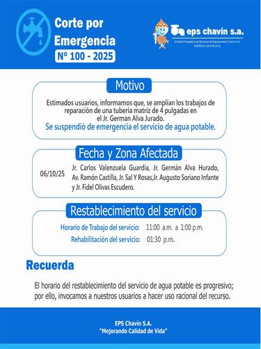 Corte programado en Huaraz