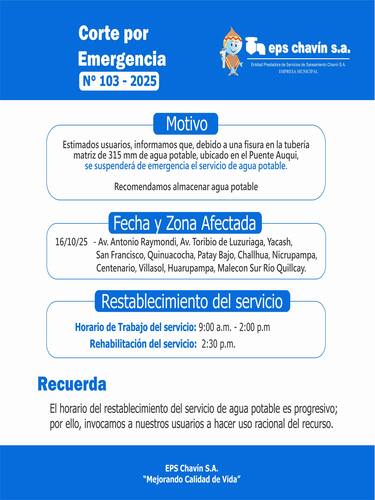 Corte programado en Huaraz