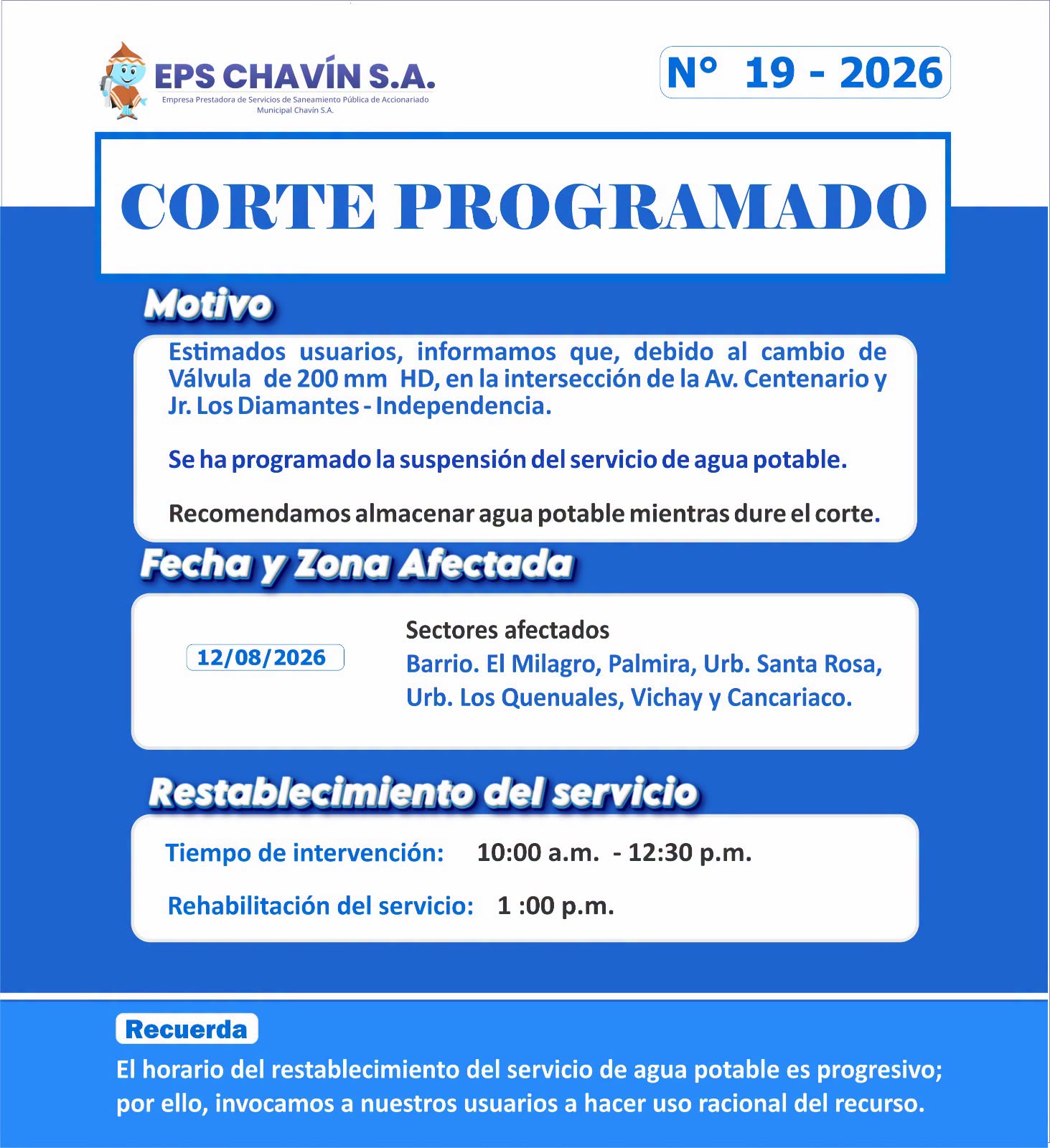 Corte programado en Huaraz