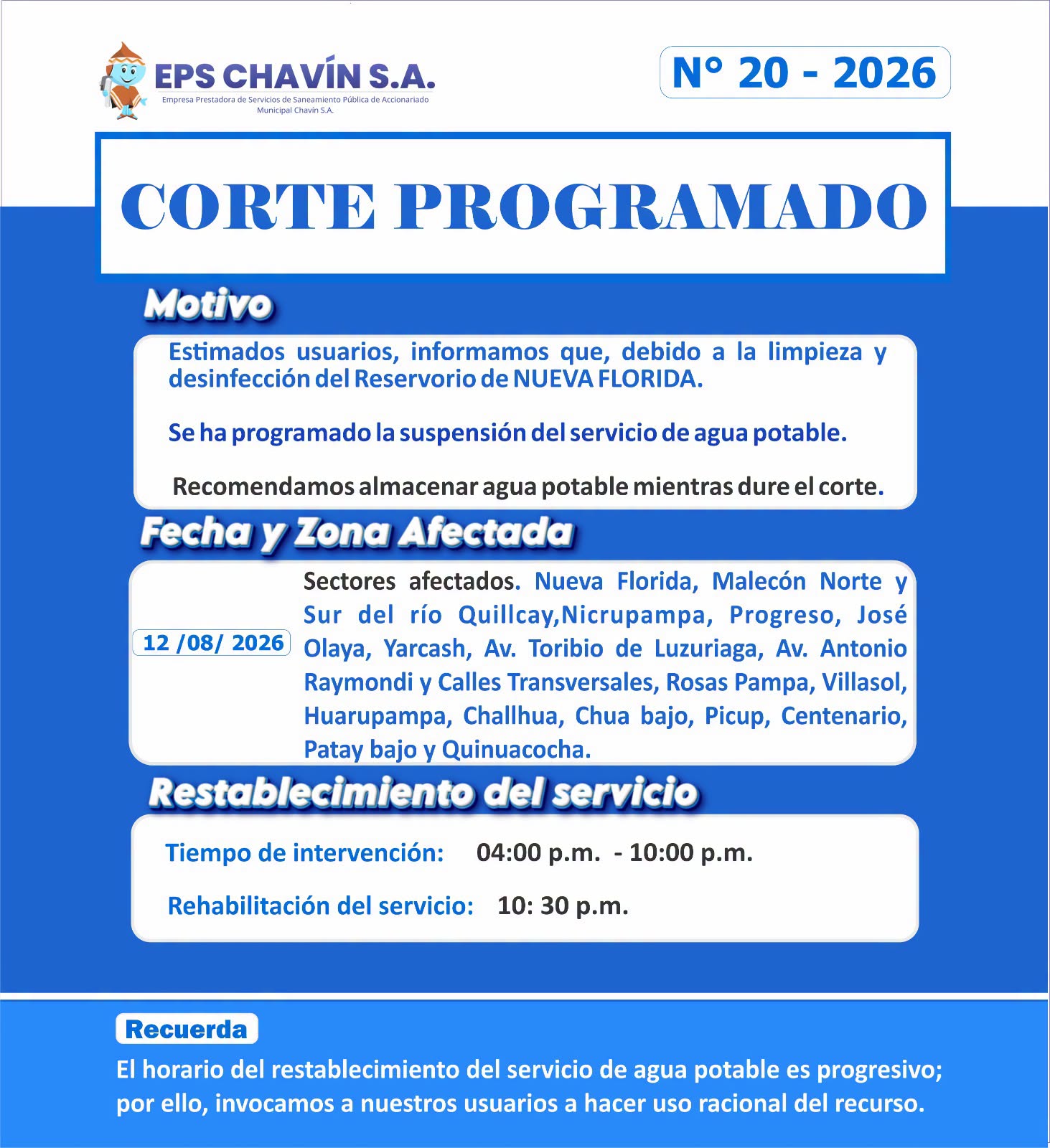 Corte programado en Huaraz