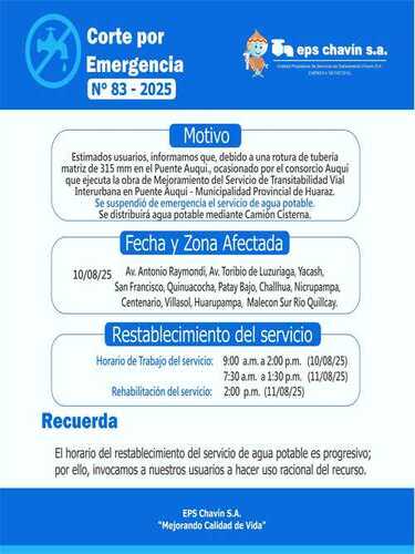 Corte programado en Huaraz